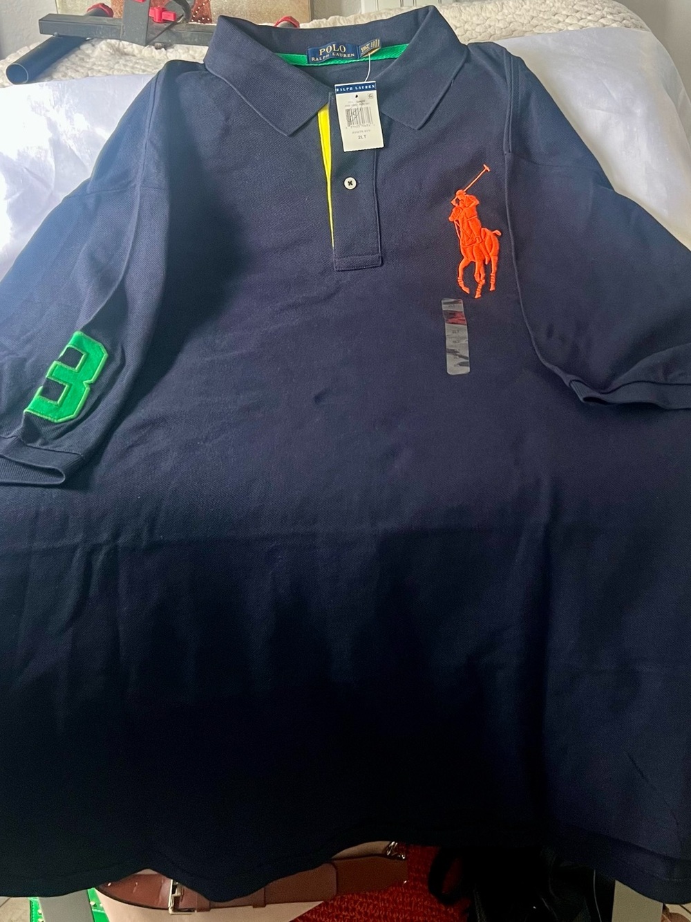 Ralph Lauren Navy Polo with Yellow Placket and Green Trim